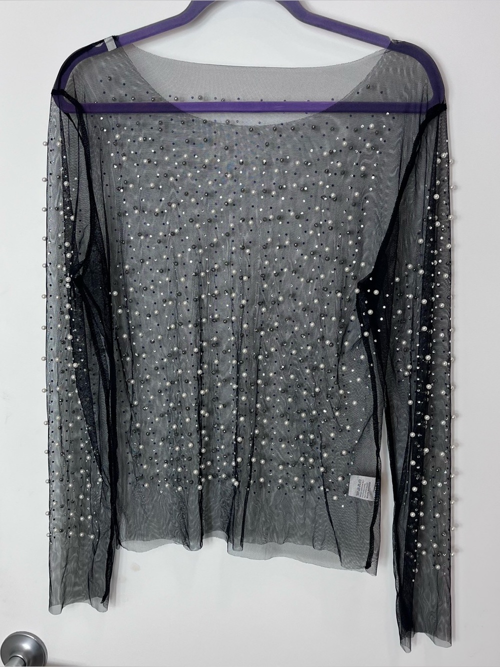 Sheer Black Faux Pearl-Embellished Beaded Long Sleeve Layering Going Out Top XL